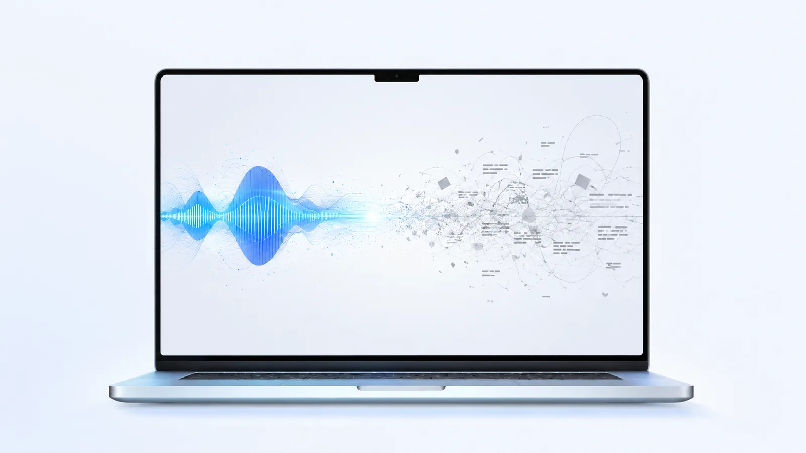 Голосовой ввод на Mac: чистая синяя звуковая волна на входе и сырой текст на выходе