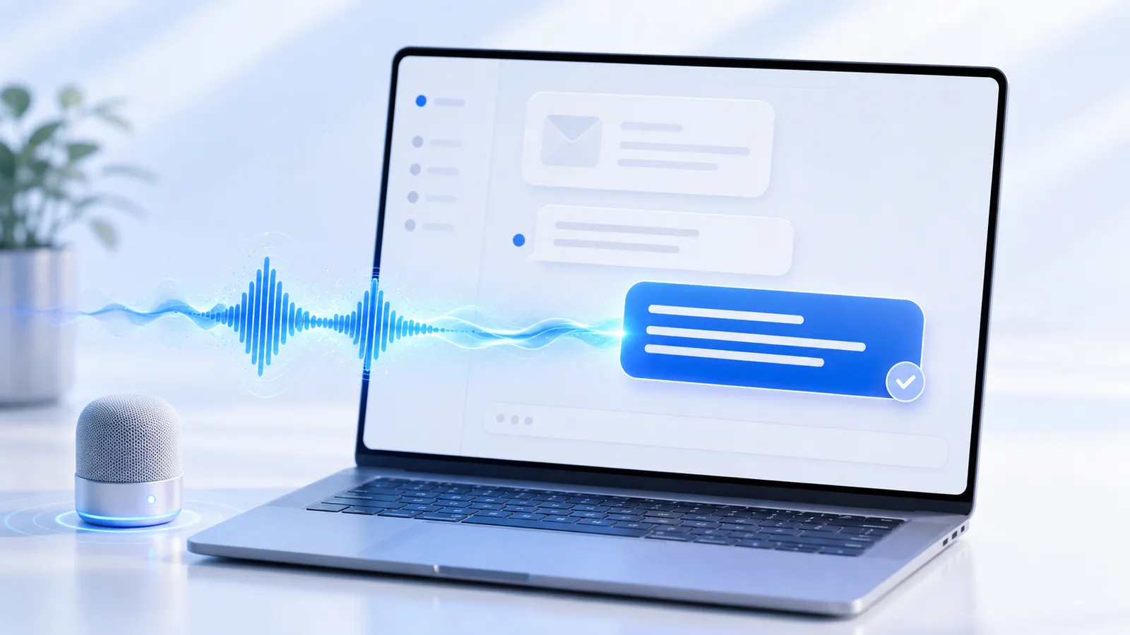 Экран Mac с окном переписки: микрофон и звуковая волна превращаются в сообщение
